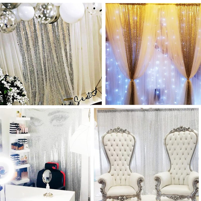 Poise3EHome Silver Sequin Backdrop Curtains,2ft x 8ft Sequin Photography Backdrop Curtain 2 Panels for Party Decoration - Image 3